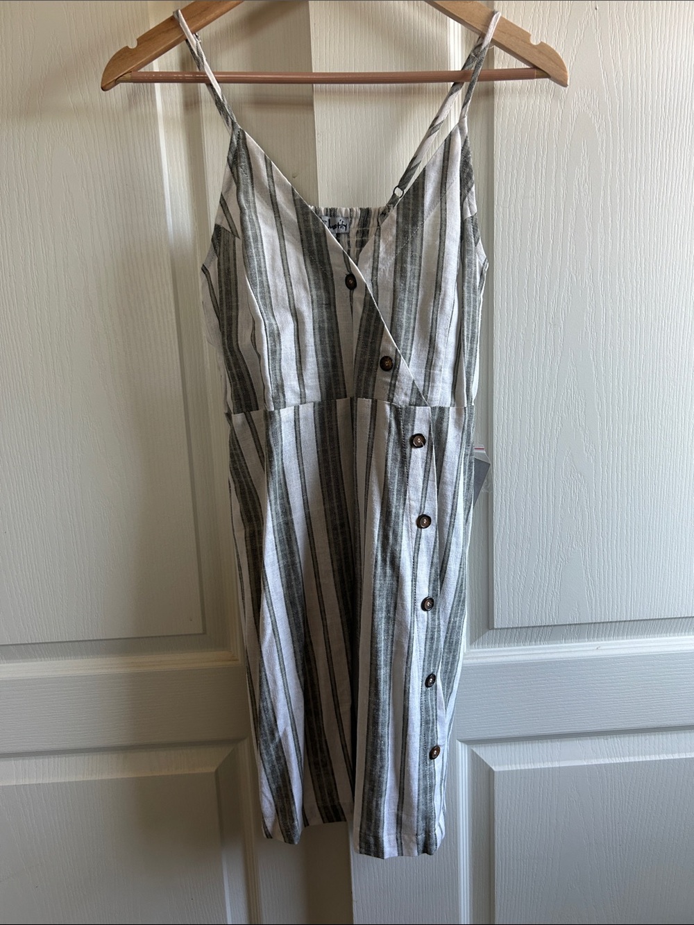 J for Justify White, Sage and Gray Striped Spaghetti-Strap Dress